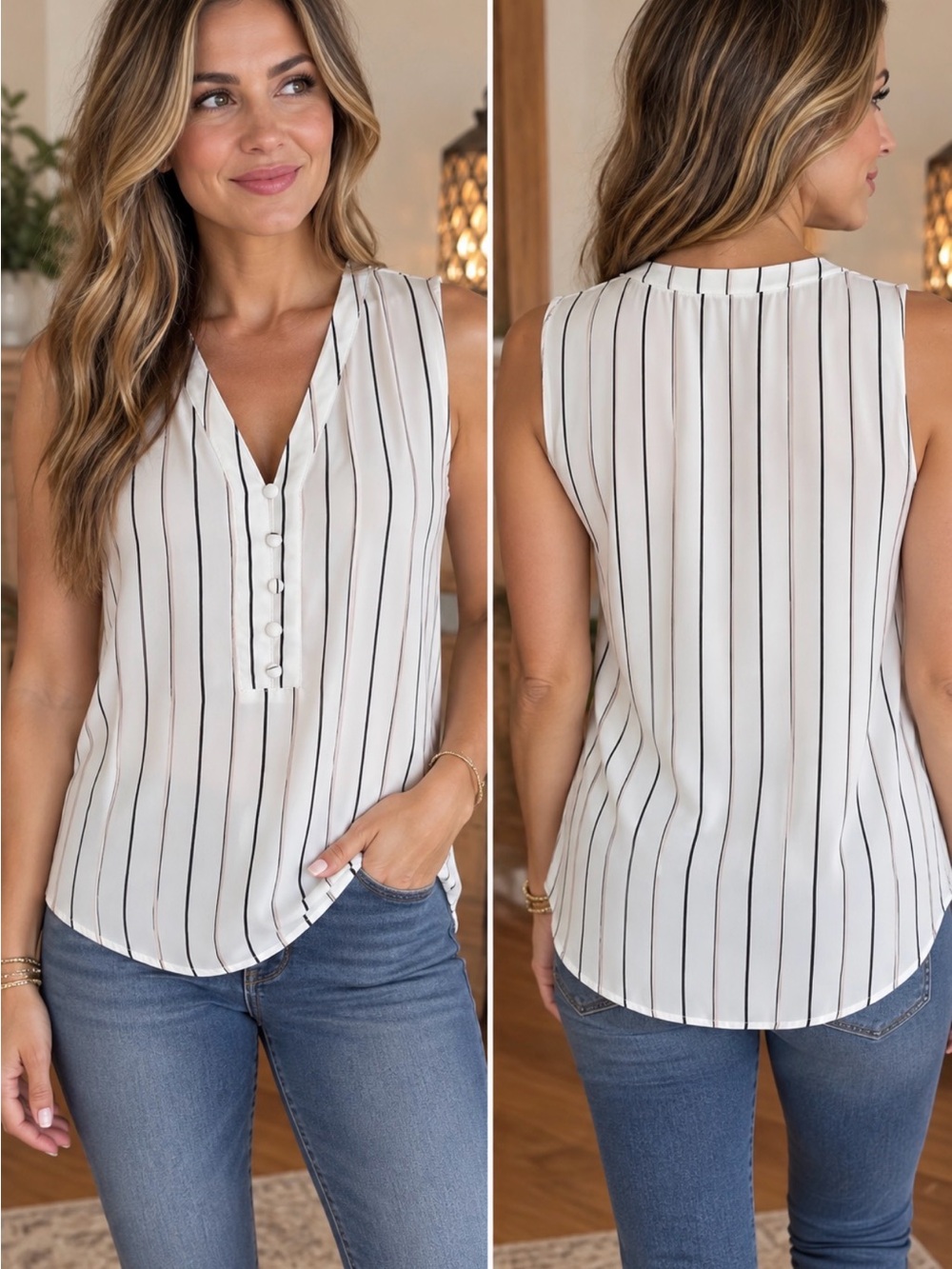 Maurice’s Sleeveless V-Neck Top - White/Black/Pink